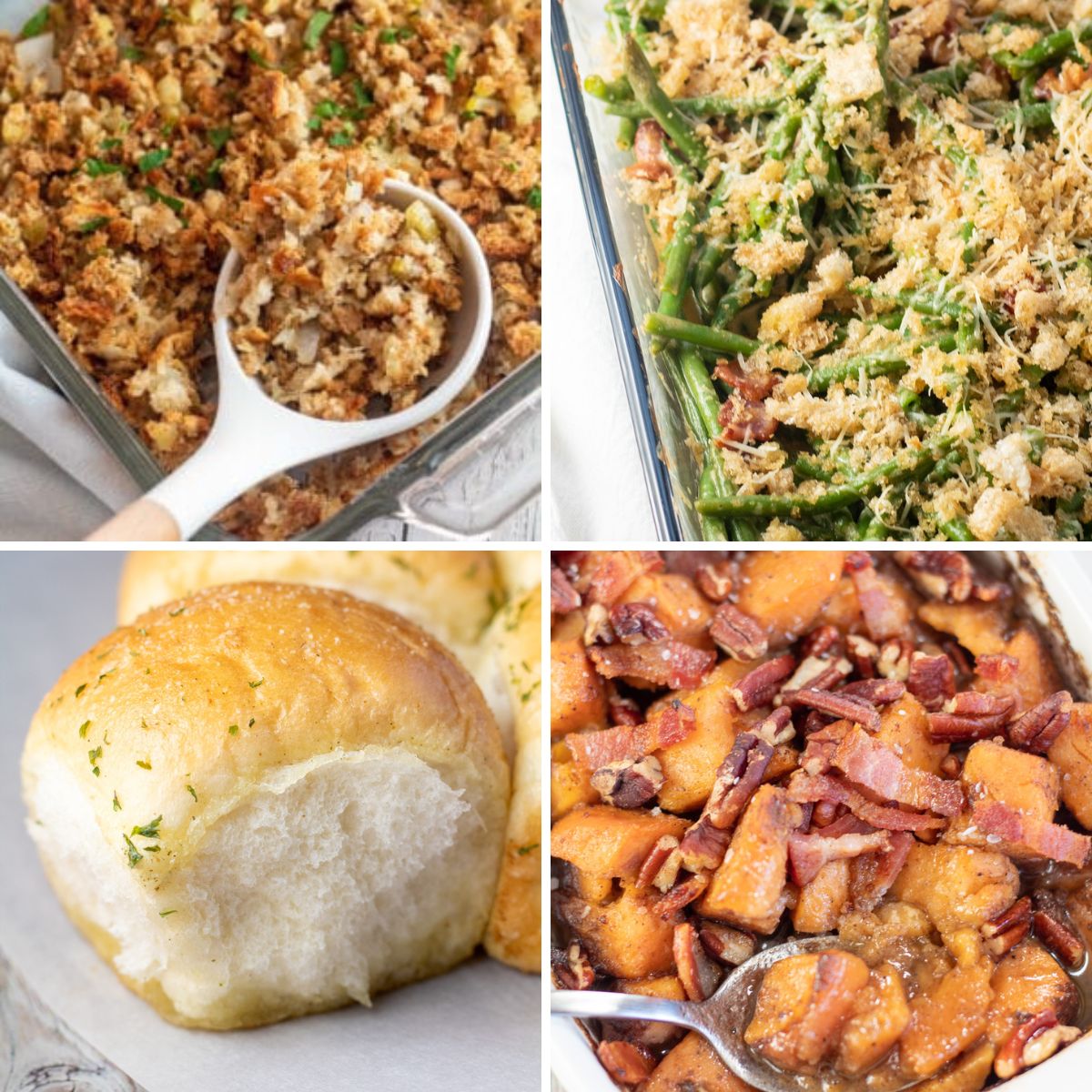 Quadratisches geteiltes Bild, das verschiedene Rezepte zeigt, die an Thanksgiving mit Truthahn serviert werden können.