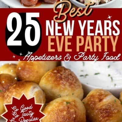 Best New Years Eve appetizers, party snacks, and finger food ideas to serve in a collage pin with text title block.