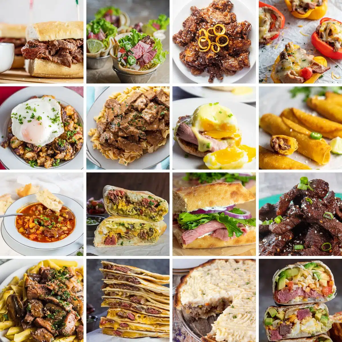 16 pane leftover prime rib recipes collage image featuring my best and favorite dishes for breakfast, lunch, or dinner.