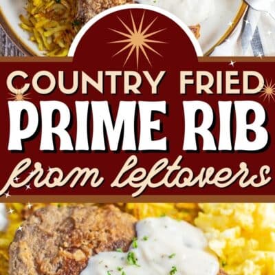 Best leftover prime rib country fried steak recipe pin for leftover ideas after the holidays featuring two images of the cooked steak.