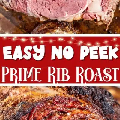 Best no peek prime rib roast recipe pin with two images and text title divider.