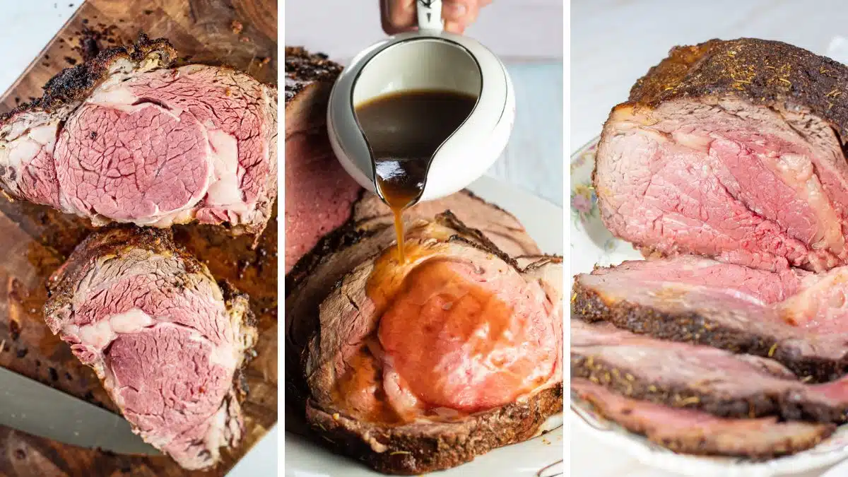 A collage of three side-by-side prime rib roasts including no peek, boneless, and Christmas roast recipes.