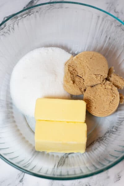 Process image 1 showing butter and sugars in mixing bowl.