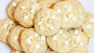 Wide image of white chocolate macadamia nut cookies.