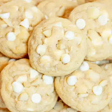Wide image of white chocolate macadamia nut cookies.