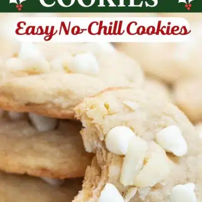 Pin image with text of white chocolate macadamia nut cookies.