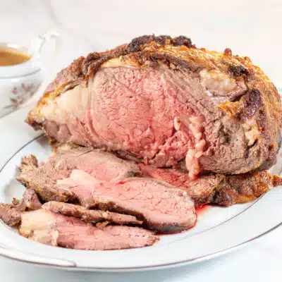 Square image showing sliced air fryer prime rib.