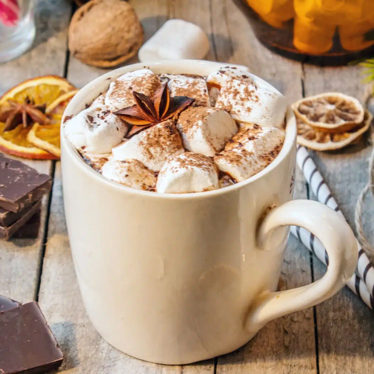 Square image of a mug of hot cocoa.