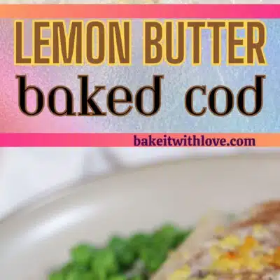 Pin image with text of butter baked cod fish.