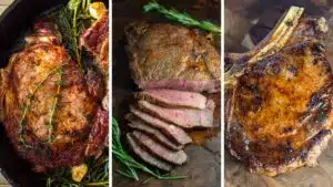 Wide split image showing different ribeye steak recipes.