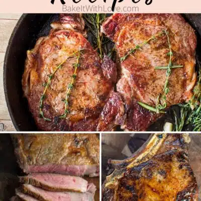 Pin split image with text showing different ribeye steak recipes.
