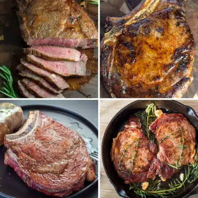 Square split image showing different ribeye steak recipes.