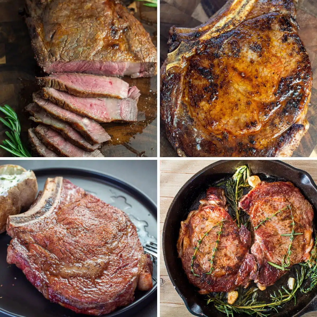 Quadratisches geteiltes Bild, das verschiedene Ribeye-Steak-Rezepte zeigt.