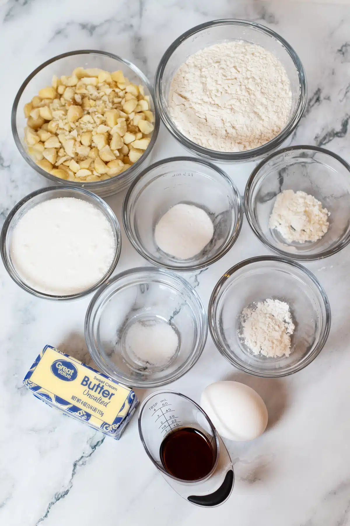 Macadamia nut cookies recipe ingredients measured out and ready to mix, chill, and bake.