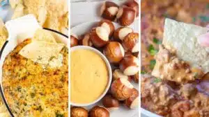 Trio collage of the very best party dip recipes to serve at your next gathering, game day, or birthday!