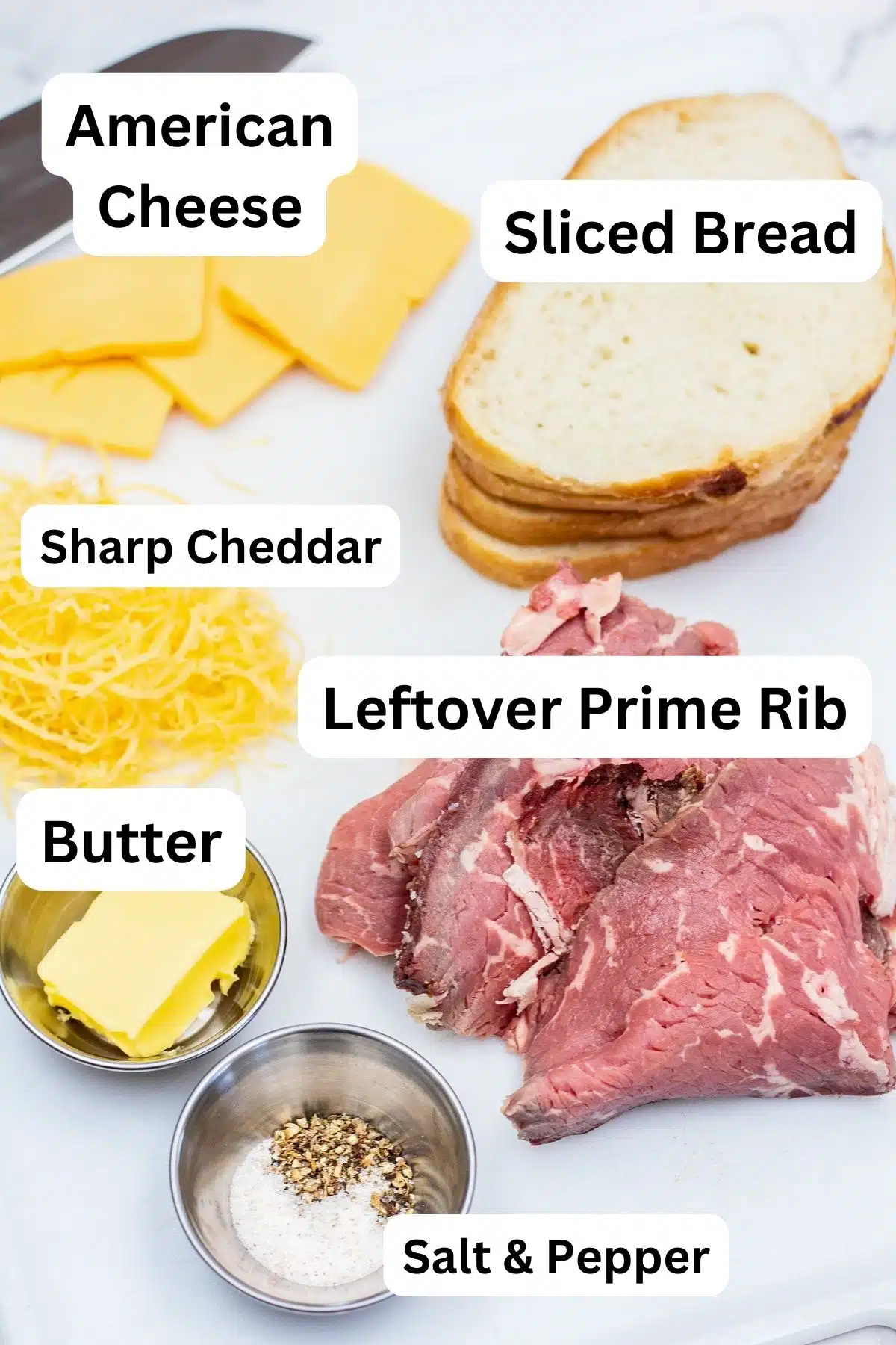 Prime rib grilled cheese sandwich ingredients measured out and ready to assemble and toast.