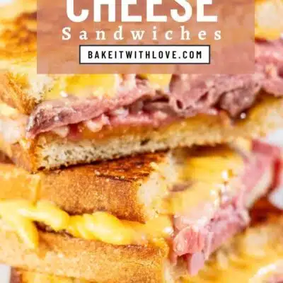 Best prime rib grilled cheese sandwich pin with stacked sandwich halves photo and text title header.