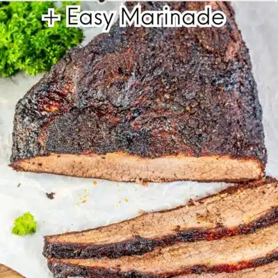 Pin image with text overlay of oven oven baked beef brisket, sliced on a white cutting board.