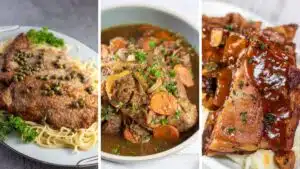 A trio collage of tasty veal recipes like veal scallopini, osso buco, and short ribs.