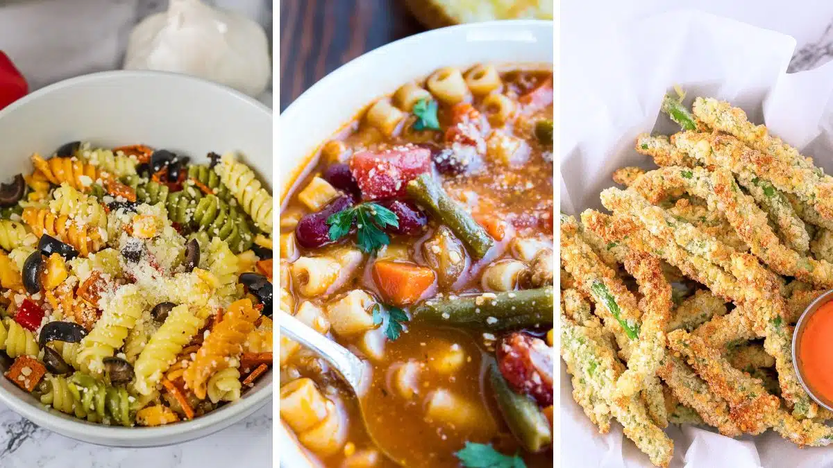 Best side dishes to serve with a lasagna dinner shown in a side by side collage featuring pasta salad, soup, and crispy green bean fries.