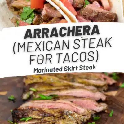 Pin image with text of Arrachera steak tacos.