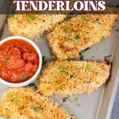Pin image with text of crispy panko chicken tenderloins with marinara sauce.