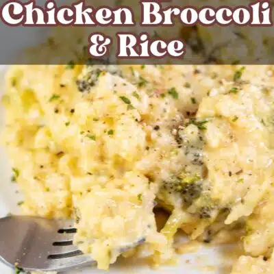 Best crockpot cheesy chicken broccoli rice casserole pin with text title header.