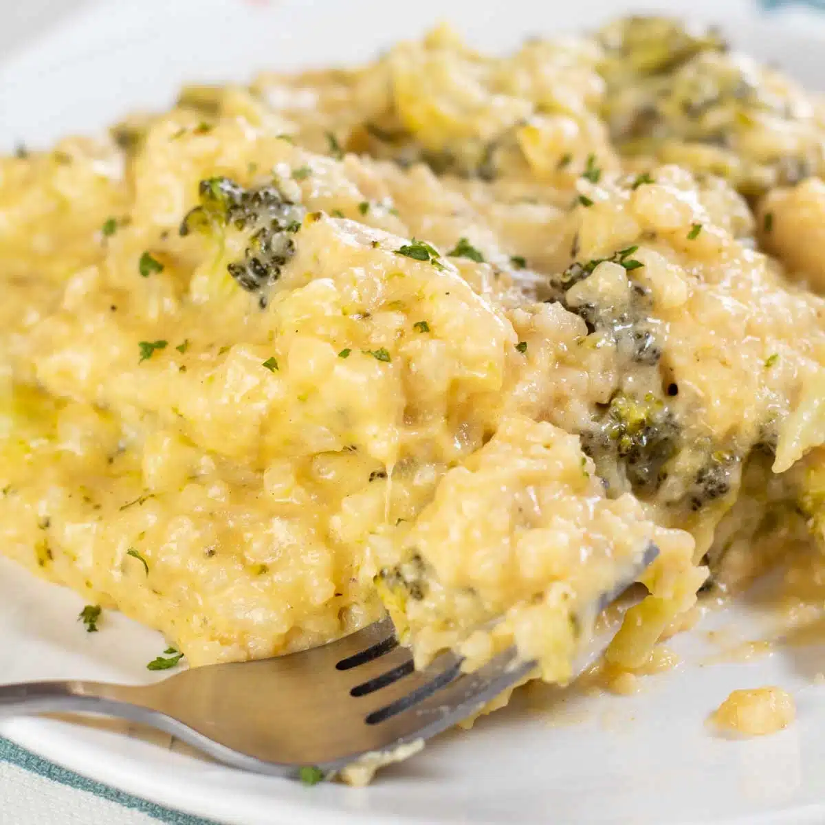 Easy crockpot cheesy chicken broccoli rice casserole dished on white plate.