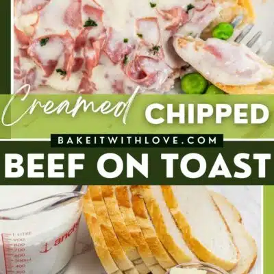 Best creamed chipped beef (SOS) recipe pin with a closeup on the plated dish and ingredients.
