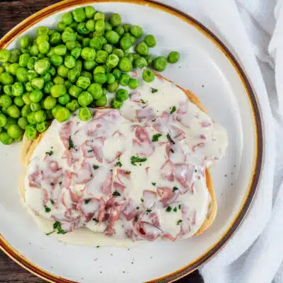 Creamed chipped beef on toast with peas on the side just like I remember as a kid.