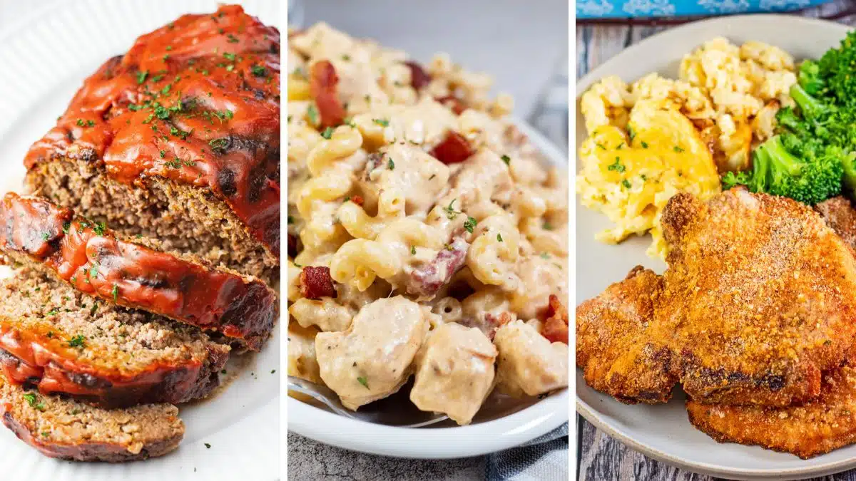 Trio collage of three tasty weeknight family meals that are easy to make.