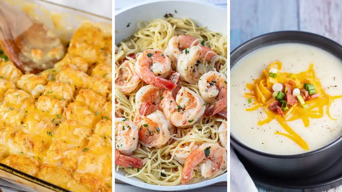 Side by side collage of a casserole, pasta dish, and soup that are easy weeknight dinners to make.