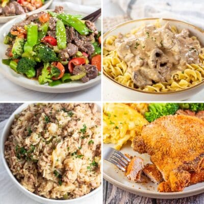 أفضل أفكار عشاء سهلة لعطلة نهاية الأسبوع لإطعام الأسرة والتي تحتوي على 4 وصفات شعبية في صورة مجمعة مربعة.