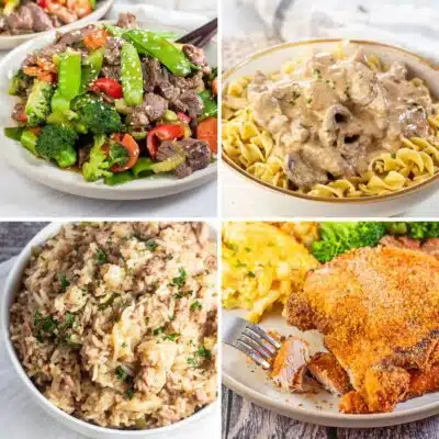Best easy weeknight dinner ideas for feeding a family featuring 4 popular recipes in a square collage image.