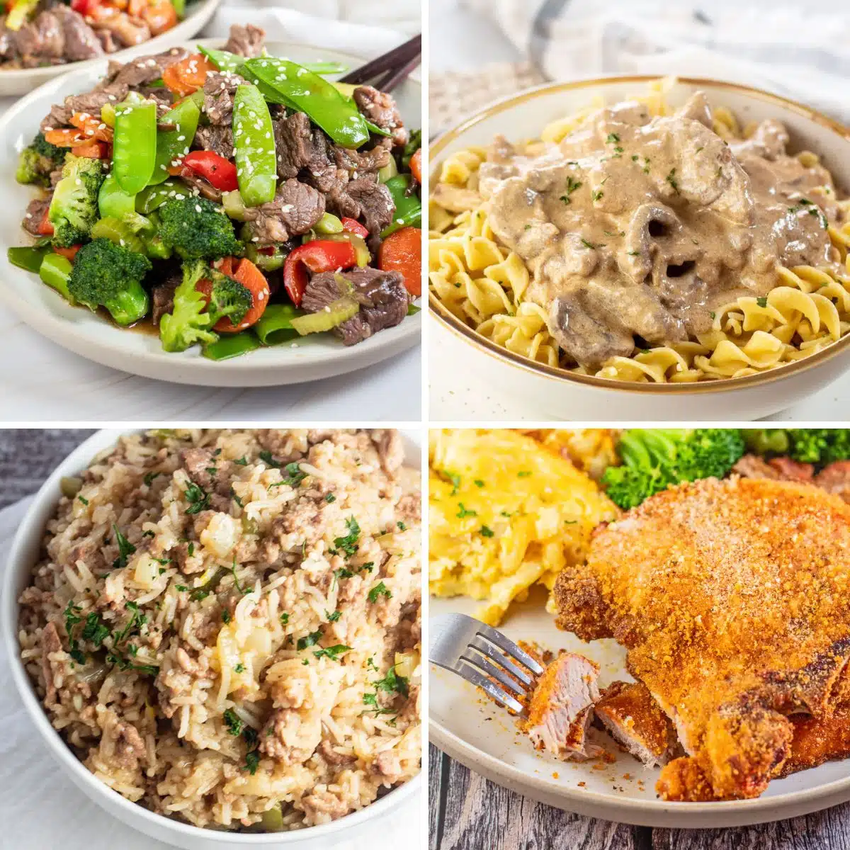 Les meilleures idées faciles de dîner en semaine pour nourrir une famille, avec 4 recettes populaires dans une image de collage carrée.