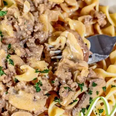 How to make beef stroganoff pin with top tips box and text header over ground beef stroganoff image.