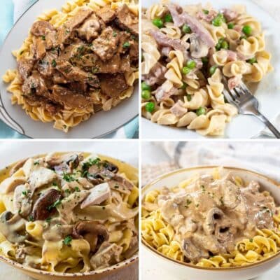 How to make the best beef stroganoff every time featuring a square collage image of four tasty recipes.