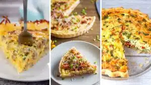 How to make quiche an ultimate guide featuring three vertical quiche recipe images in a side by side collage.