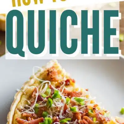 How to make quiche ultimate guide pin with a slice of quiche lorraine and text title heading.