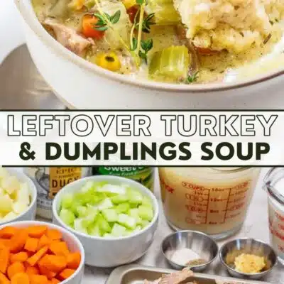 Best turkey dumplings soup recipe pin featuring a portion of soup in a bowl and the ingredients photo.
