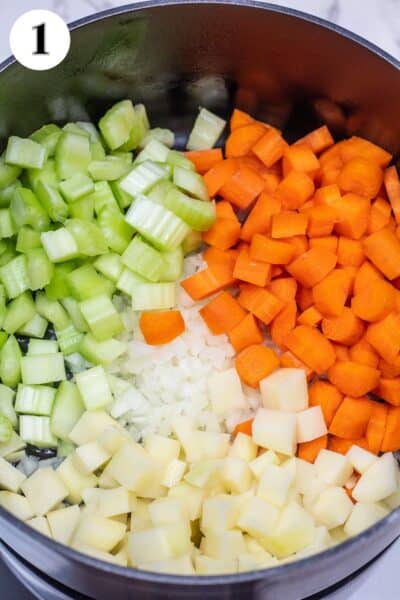 Turkey and dumplings soup process photo 1 chopped veggies in the pot to saute.