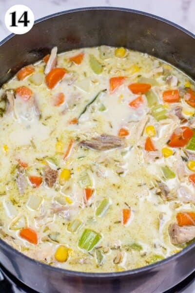 Turkey and dumplings soup process photo 14 stir the simmering soup.