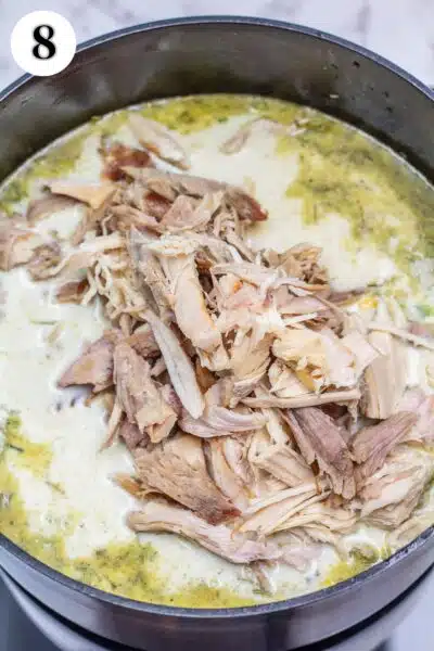 Turkey and dumplings soup process photo 8 stir then add the leftover turkey meat.
