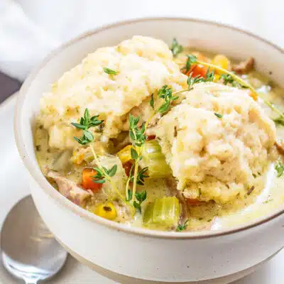 Tasty turkey and dumplings soup combines tender pieces of leftover turkey with veggies and soft dumplings.