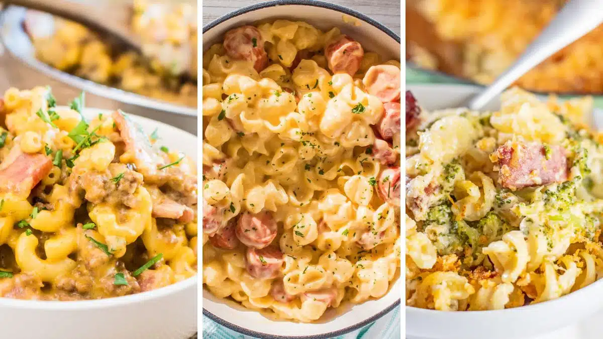 Trio collage image featuring three best recipes with hearty additions to a base mac and cheese recipe.
