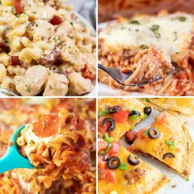Best fun and easy Valentine's Day dinner ideas for kids and picky eaters featuring four tasty recipes in a square collage.