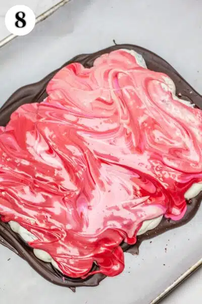 Valentine's Day Oreo chocolate bark process photo 8 then swirl the colors together.