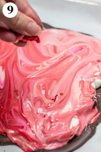 Valentine's Day Oreo chocolate bark process photo 9 add festive pink sprinkles.