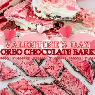 Best Valentine's Day Oreo chocolate bark pin featuring two images of the homemade dessert.