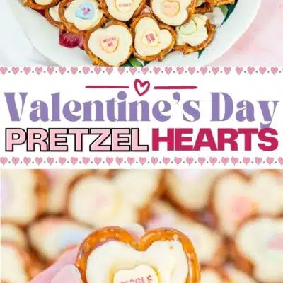 Easy 3-ingredient Valentine's day pretzel hearts with conversation heart candies pin with text title divider.